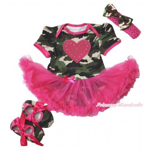Valentine Camouflage Bodysuit Jumpsuit Hot Pink Pettiskirt & Hot Pink Heart Print & Hot Pink Headband Camouflage Satin Bow & Hot Pink Ribbon Camouflage Shoes JS3814