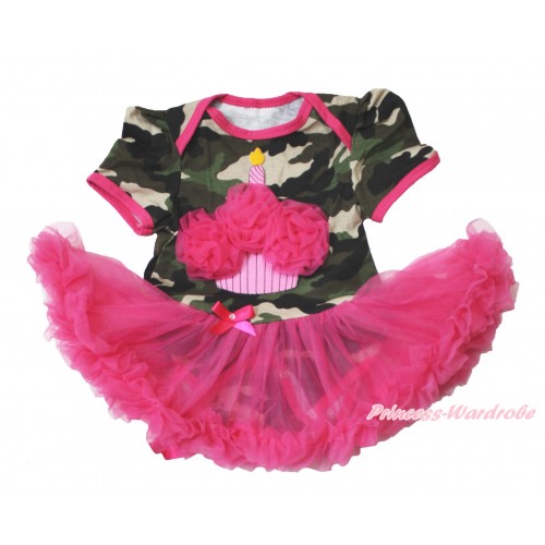 Camouflage Bodysuit Jumpsuit Hot Pink Pettiskirt & Hot Pink Rosettes Birthday Cake JS3768