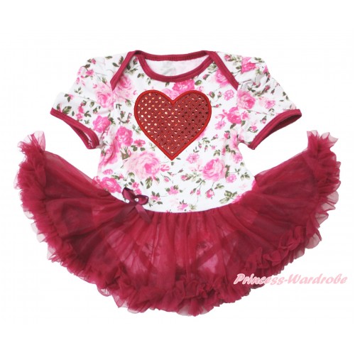 Valentine's Rose Fusion Bodysuit Jumpsuit Wine Red Pettiskirt & Sparkle Red Heart Print JS3779