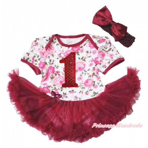 Rose Fusion Bodysuit Jumpsuit Wine Red Pettiskirt & 1st Sparkle Red Birthday Number Print & Wine Red Headband Wine Red Satin Bow JS3809