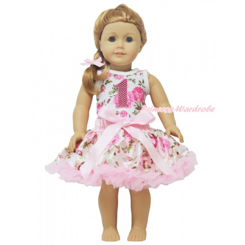 Rose Fusion Tank Top 1st Sparkle Light Pink Birthday Number & Light Pink Rose Pettiskirt American Girl Doll Outfit DO028