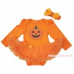 Halloween Orange Long Sleeve Baby Bodysuit Pettiskirt & Pumpkin & Orange Headband Skeleton Zebra Satin Bow JS3715