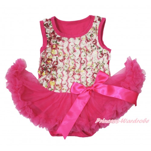 Valentine's Day Rainbow Romanatic Rose Baby Bodysuit Jumpsuit Hot Pink Pettiskirt & Hot Pink Bow JS3823