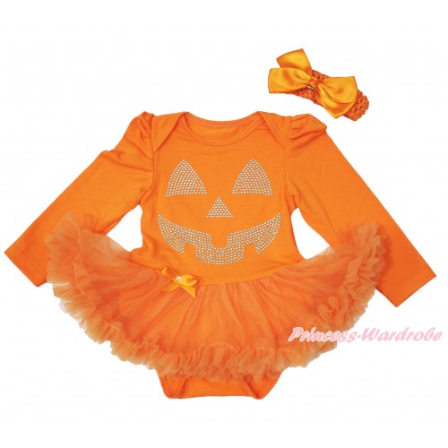 Halloween Orange Long Sleeve Baby Bodysuit Pettiskirt & Sparkle Rhineatone Pumpkin Face & Orange Headband Silk Bow JS3841