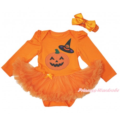 Halloween Orange Long Sleeve Baby Bodysuit Pettiskirt & Pumpkin Witch Hat Pumpkin & Orange Headband Silk Bow JS3843