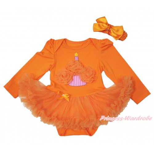 Halloween Orange Long Sleeve Baby Bodysuit Pettiskirt & Orange Rosettes Birthday Cake & Orange Headband Silk Bow JS3845