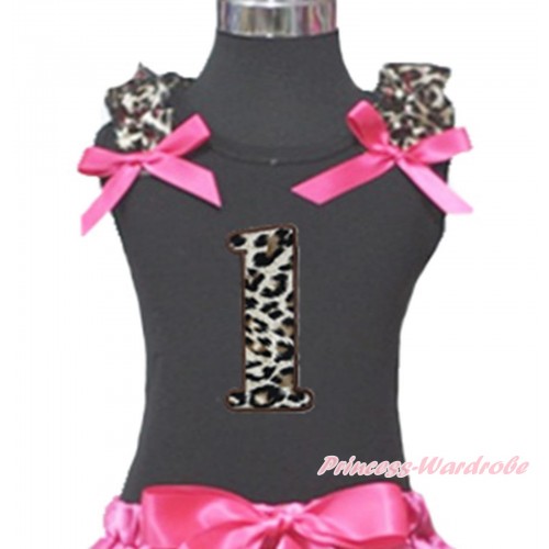 Black Tank Top Hot Pink Leopard Ruffles Hot Pink Bow & 1st Leopard Birthday Number Print TB866
