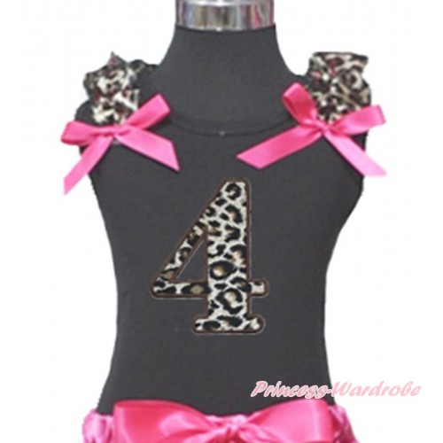 Black Tank Top Hot Pink Leopard Ruffles Hot Pink Bow & 4th Leopard Birthday Number Print TB869