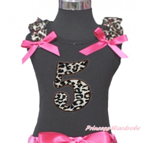 Black Tank Top Hot Pink Leopard Ruffles Hot Pink Bow & 5th Leopard Birthday Number Print TB870
