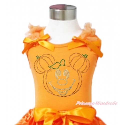 Halloween Orange Tank Top Orange Ruffles & Bows & Sparkle Crystal Rhinestone Pumpkin Minnie Print TN256