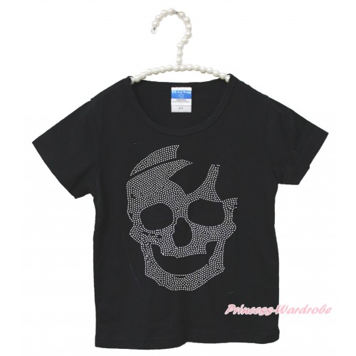 Halloween Black Short Sleeves Top Sparkle Rhinestone Skeleton Child Kids Unisex Family Tee Shirt TS44