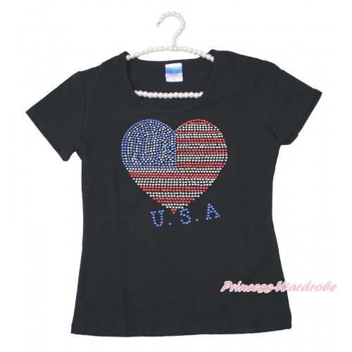 World Cup Black Short Sleeves Top Sparkle Rhinestone USA Heart Adult Unisex Family Tee Shirt TS50