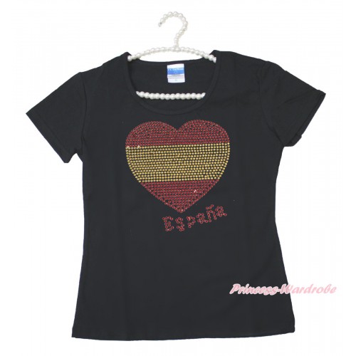 World Cup Black Short Sleeves Top Sparkle Rhinestone Spain Heart Adult Unisex Family Tee Shirt TS51