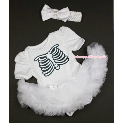 Halloween White Baby Bodysuit Pettiskirt & Skeleton Rib & White Headband Satin Bow JS3860