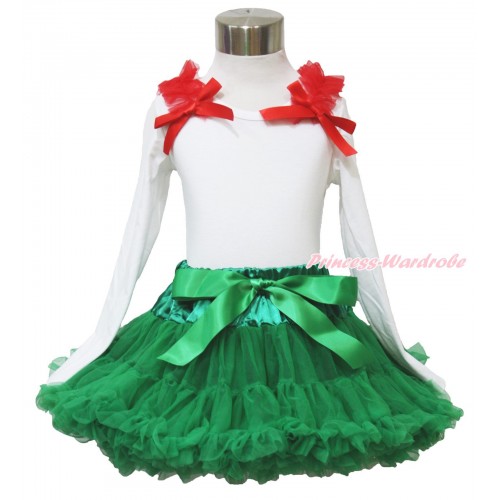 White Long Sleeve Top Red Ruffles & Bow & Kelly Green Pettiskirt MW490