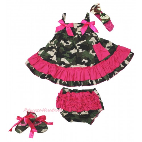 Hot Pink Camouflage Swing Top & Hot Pink Bow & Camouflage Panties Bloomers & Hot Pink Headband Camouflage Satin Bow & Hot Pink Ribbon Camouflage Shoes SP22