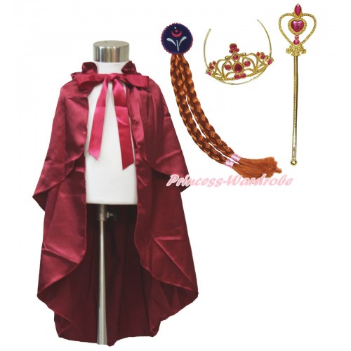 Frozen Anna Raspberry Wine Red Satin Cape & Hair Set Dress Up Party Costume C317