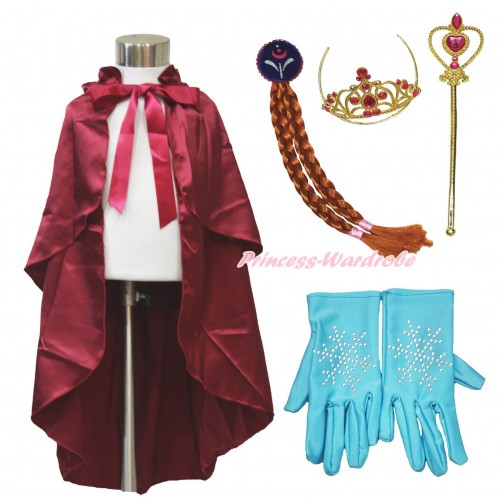 Frozen Anna Raspberry Wine Red Satin Cape & Sparkle Rhinestone Snowflakes Gloves & Hair Dress Up Party Costume Set C318