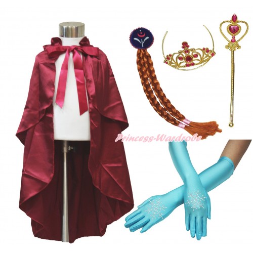 Frozen Anna Raspberry Wine Red Satin Cape & Sparkle Rhinestone Snowflakes Elbow Length Gloves & Hair Dress Up Party Costume Set C319
