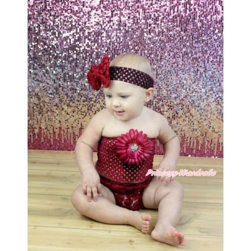 Raspberry Wine Red Rose Panties Bloomers & Raspberry Wine Red Flower Crochet Tube Top & Wine Red Headband Rose Bow 3PC Set CT675