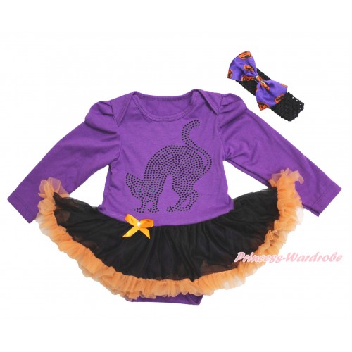 Halloween Dark Purple Long Sleeve Bodysuit Black Orange Pettiskirt & Sparkle Rhinestone Black Cat & Black Headband Dark Purple Pumpkin Satin Bow JS3889