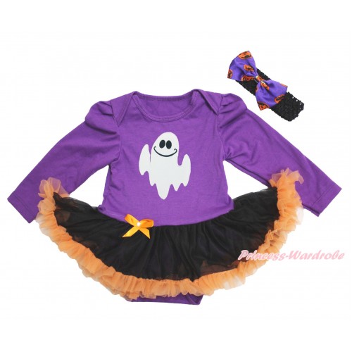 Halloween Dark Purple Long Sleeve Bodysuit Black Orange Pettiskirt & White Ghost & Black Headband Dark Purple Pumpkin Satin Bow JS3892