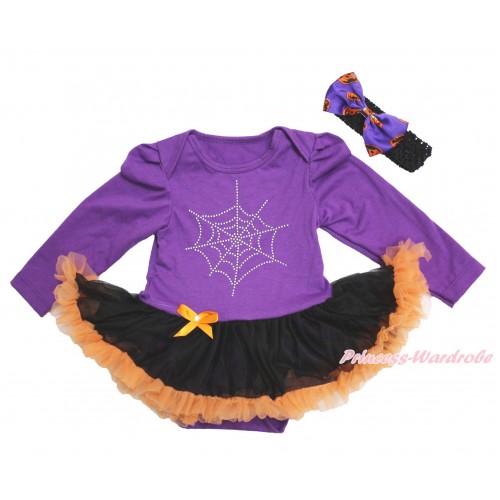 Halloween Dark Purple Long Sleeve Bodysuit Black Orange Pettiskirt & Sparkle Rhinestone Spider Web & Black Headband Dark Purple Pumpkin Satin Bow JS3895