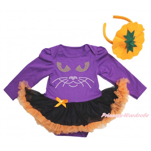 Halloween Dark Purple Long Sleeve Bodysuit Black Orange Pettiskirt & Sparkle Rhinestone Black Cat Face & Pumpkin Headband JS3897