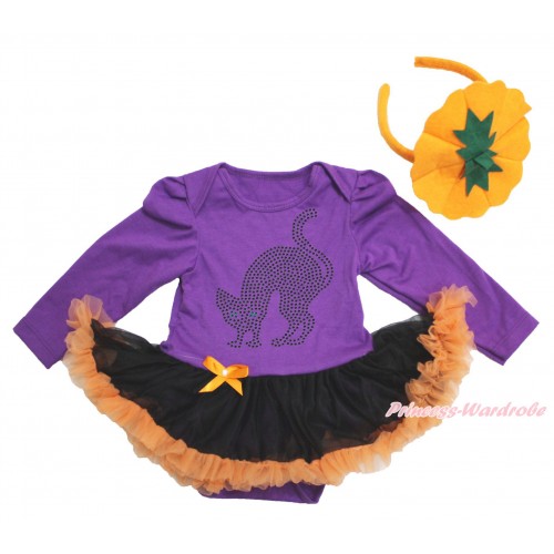 Halloween Dark Purple Long Sleeve Bodysuit Black Orange Pettiskirt & Sparkle Rhinestone Black Cat & Pumpkin Headband JS3898