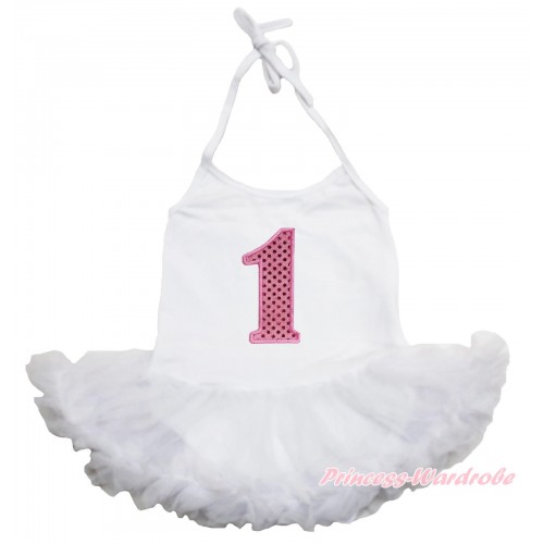 White Baby Halter Jumpsuit White Pettiskirt & 1st Sparkle Light Pink Birthday Number JS3907