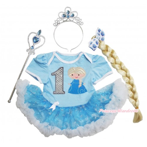Frozen Light Blue Baby Bodysuit Snowflakes Organza Pettiskirt & 1st Sparkle White Birthday Number Princess Elsa & Elsa Costume JS3923