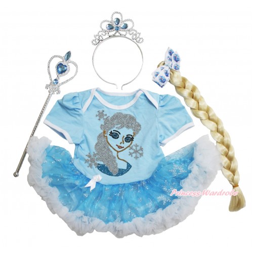 Frozen Light Blue Baby Bodysuit Snowflakes Organza Pettiskirt & Sparkle Rhinestone Princess Elsa & Elsa Costume JS3924