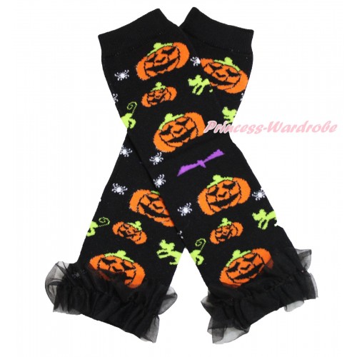 Halloween Newborn Baby Pumpkin Black Leg Warmers Leggings & Black Ruffles LG276