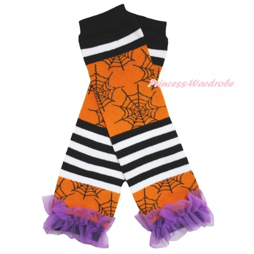 Halloween Newborn Baby Black White Orange Striped Spider Web Leg Warmers Leggings & Dark Purple Ruffles LG279