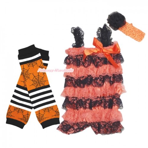Halloween Orange Black Lace Ruffles Romper & Orange Bow & Straps with Headband & Leg Warmer Set RH158