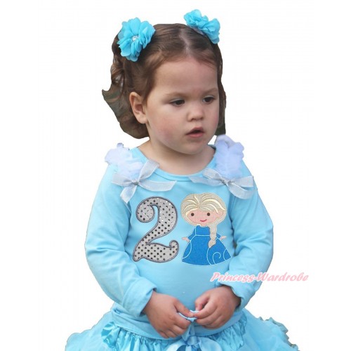 Frozen Light Blue Long Sleeves Top White Ruffles Sparkle Silver Grey Bow & 2nd Sparkle White Birthday Number Princess Elsa Print TO368