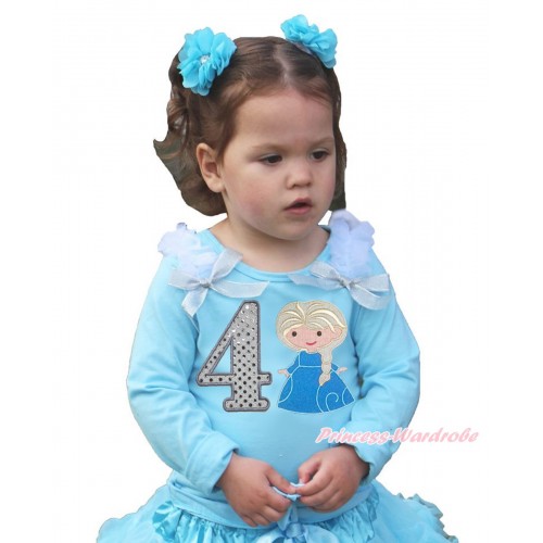 Frozen Light Blue Long Sleeves Top White Ruffles Sparkle Silver Grey Bow & 4th Sparkle White Birthday Number Princess Elsa Print TO370