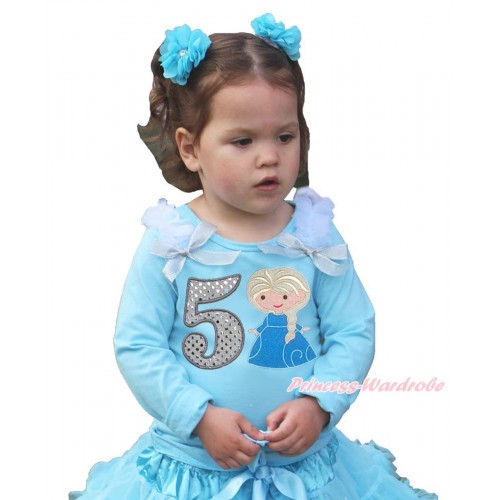 Frozen Light Blue Long Sleeves Top White Ruffles Sparkle Silver Grey Bow & 5th Sparkle White Birthday Number Princess Elsa Print TO371