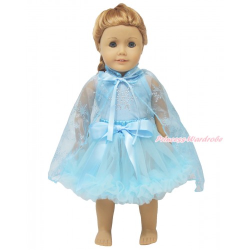 Frozen Light Blue Tank Top Sparkle Rhinestone Snowflakes & Light Blue Pettiskirt & Sparkle Snowflakes Light Blue Organza Cape American Girl Doll Outfit DO056