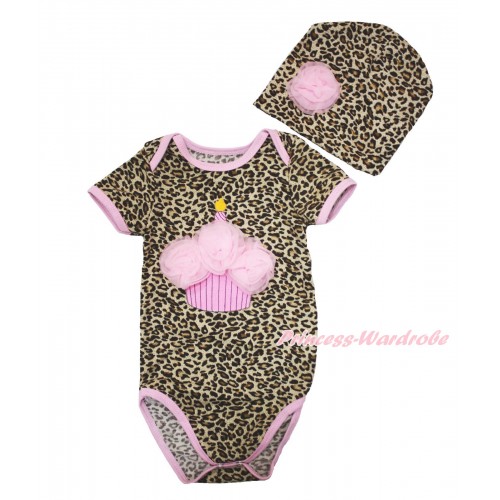 Light Pink Piping Leopard Baby Jumpsuit & Light Pink Rosettes Birthday Cake & One Rose Cap Set JP62