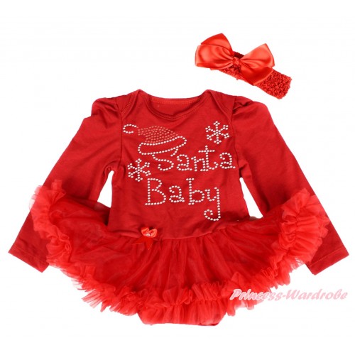 Xmas Red Long Sleeve Baby Bodysuit Pettiskirt & Sparkle Rhinestone Santa Baby Print & Red Headband Silk Bow JS4034