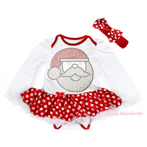Xmas White Long Sleeve Baby Bodysuit Minnie Dots White Pettiskirt & Sparkle Rhinestone Santa Claus Print & Red Headband Minnie Dots Satin Bow JS4035