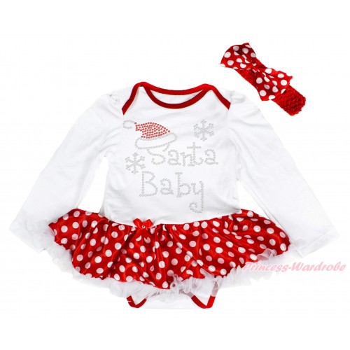 Xmas White Long Sleeve Baby Bodysuit Minnie Dots White Pettiskirt & Sparkle Rhinestone Santa Baby Print & Red Headband Minnie Dots Satin Bow JS4036
