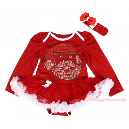 Xmas Red Long Sleeve Baby Bodysuit Red White Pettiskirt & Sparkle Rhinestone Santa Claus Print & Red Headband Red White Ribbon Bow JS4037