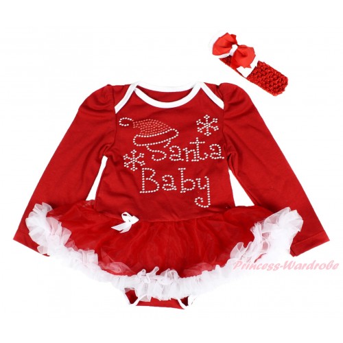 Xmas Red Long Sleeve Baby Bodysuit Red White Pettiskirt & Sparkle Rhinestone Santa Baby Print & Red Headband Red White Ribbon Bow JS4038