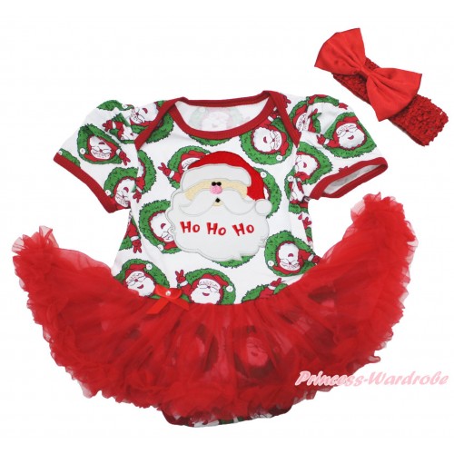 Xmas Santa Claus Baby Bodysuit Red Pettiskirt & Santa Claus & Red Headband Satin Bow JS4050