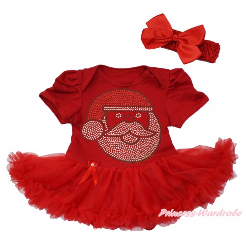 Xmas Red Baby Bodysuit Pettiskirt & Sparkle Rhinestone Santa Claus & Red Headband Silk Bow JS4058