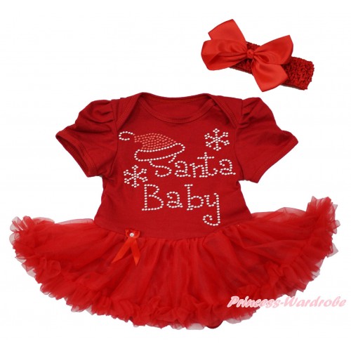 Xmas Red Baby Bodysuit Pettiskirt & Sparkle Rhinestone Santa Baby & Red Headband Silk Bow JS4059