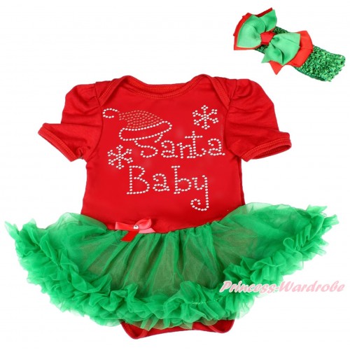 Xmas Red Baby Bodysuit Kelly Green Pettiskirt & Sparkle Rhinestone Santa Baby & Kelly Green Headband Green Red Ribbon Bow JS4060