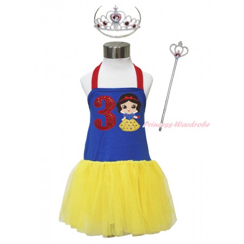 Red Royal Blue Yellow Halter Dress & 3rd Sparkle Red Birthday Number & Princess Snow White & Crown Wand Set LP181